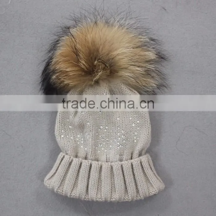 Myfur Winter Woolen Knitting Beanie Hat with Removable Raccoon Fur Bobble Top