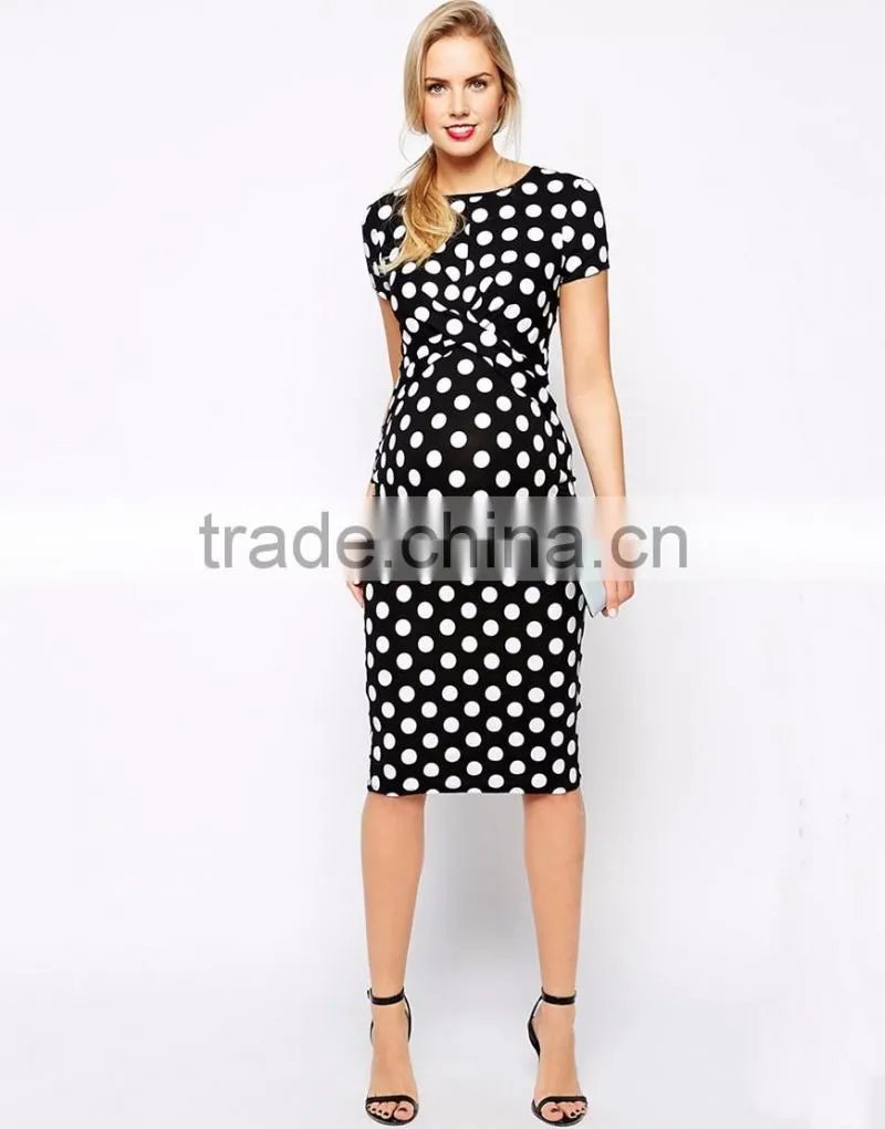 2016 Latest body conscious polka dot maternity dress with cross front