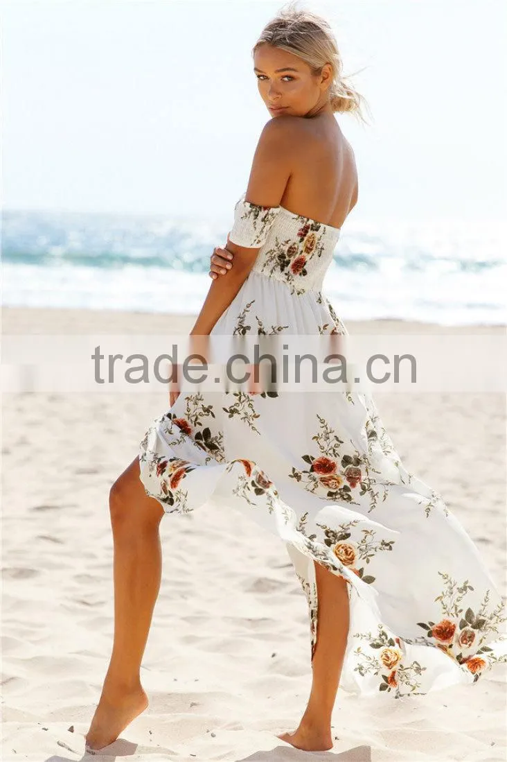 Boho style long dress women fashion Off shoulder beach summer dresses Floral print Vintage chiffon white for wholesale 2017