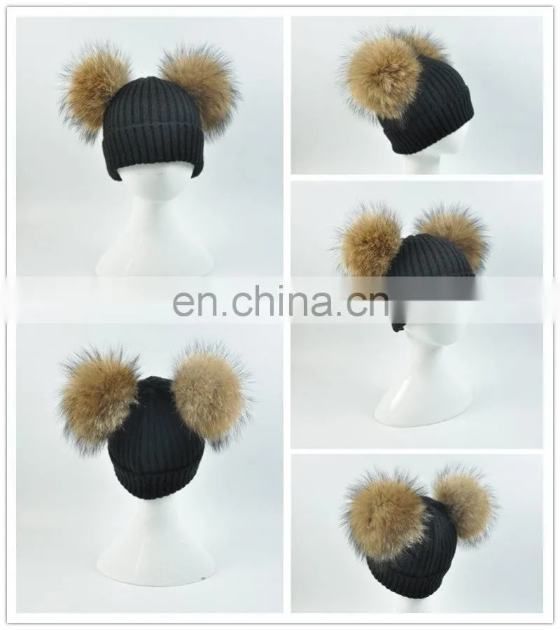Kids Removable Fur Bobble Hat Winter Double Pom Pom Hat Crochet Kids Hat