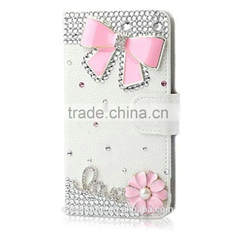 New Fashion Bling Crystal Diamonds Pearls PU leather flip stand wallet case cover for iphone6s