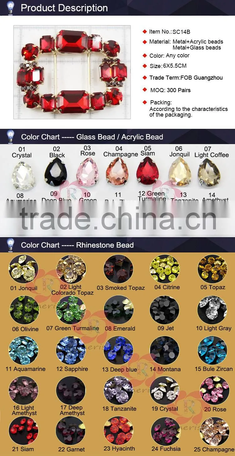 2015 high quatity square shape glass beads satin bow shoe clips