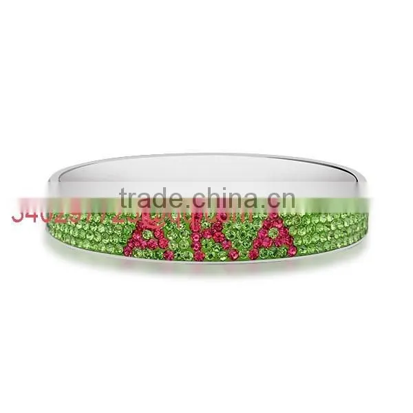 Vnistar sorority AKA style bangle bracelet made of stainless steel and green and pink crystals for women