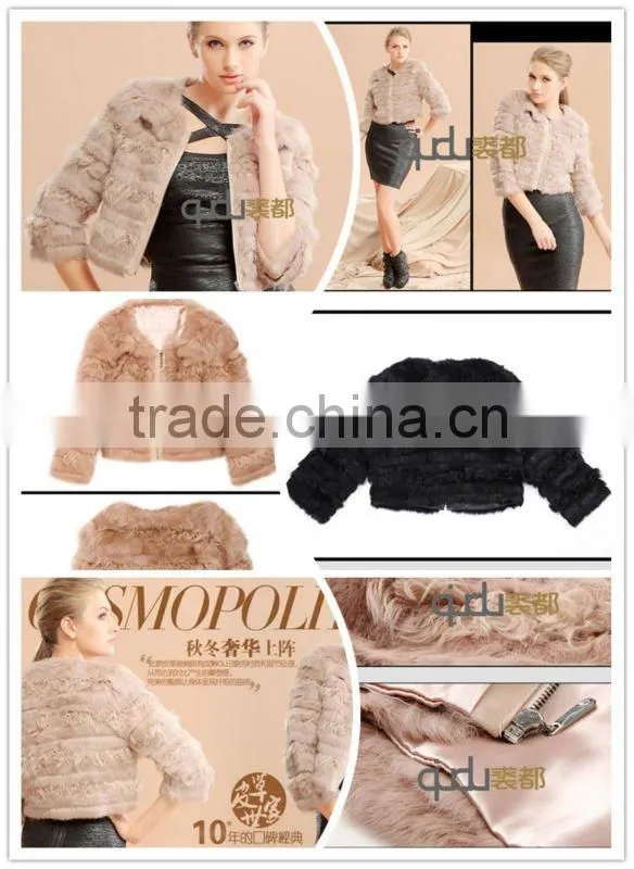 QD20003 Genuine Rabbit Fur Jacket with Lamb Fur Trim