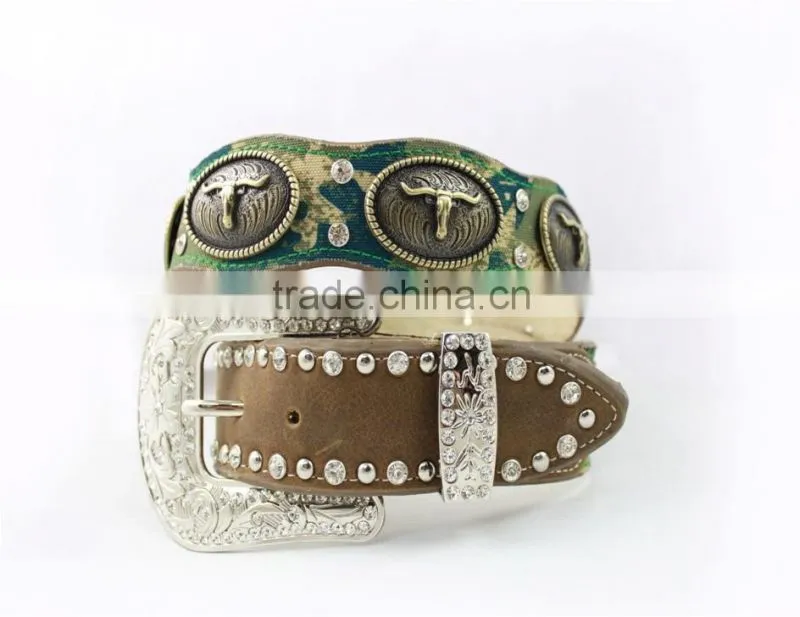 2016 Best Seller Scallop Western Rhinestone Leather Belt With Turquoise Concho