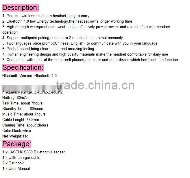 2016 Best Headset S360 Wireless Stereo Bluetooth V4.0 Headphones Handsfree Sports Earphone for Android