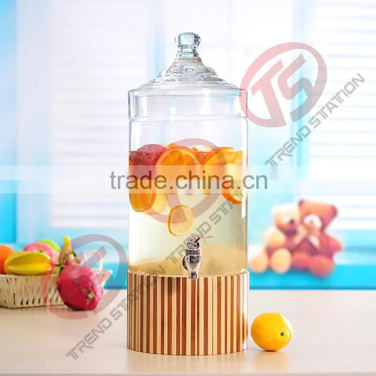 Glass beverage dispenser with wooden stand