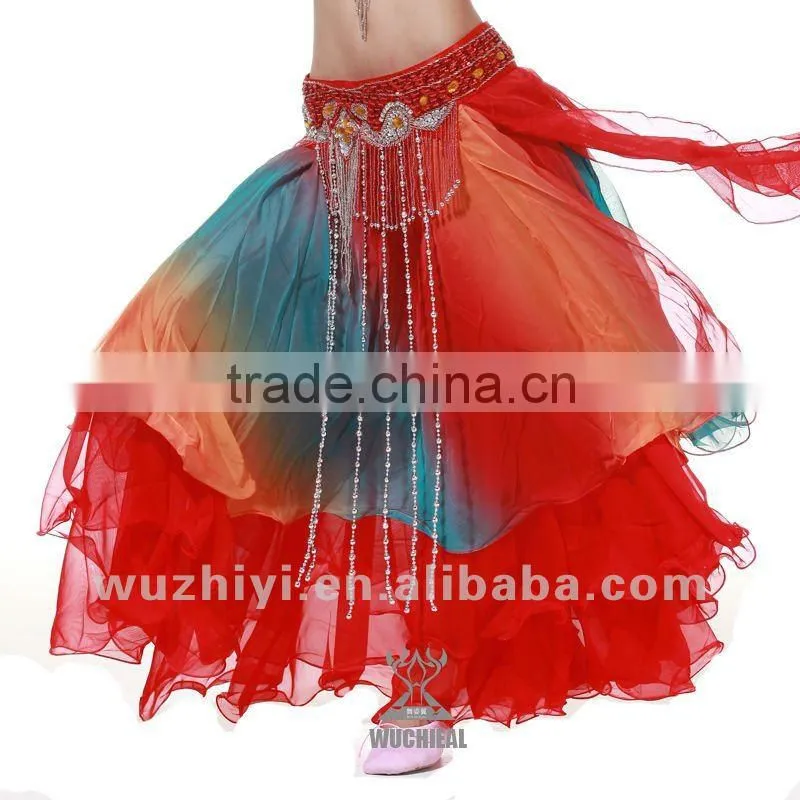 Hot Selling Blue Silk Chiffon Belly Dance Skirts for women dancers (QC6004)