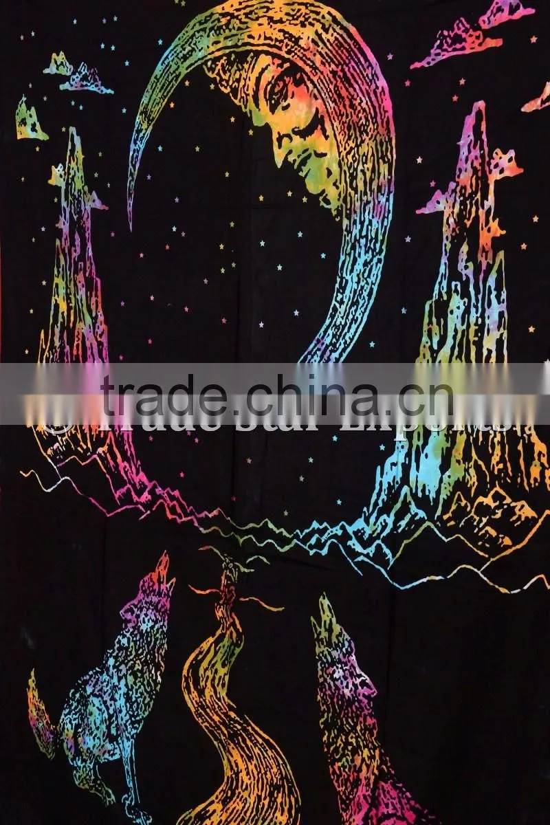 Twin Size Tie Dye Wolf Howling at Moon Wall Art Cotton Boho Wall Hanging Tapestry