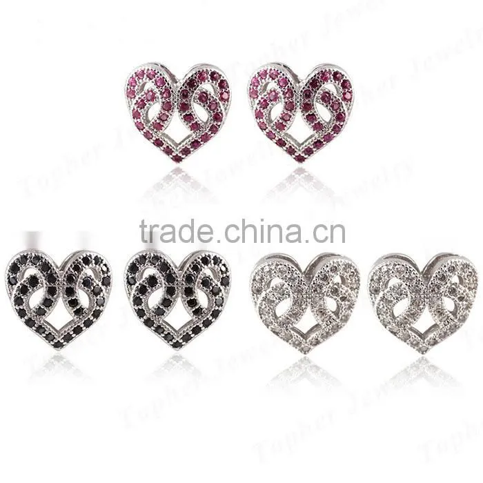 Wholesale rhodium plated 925 silver solid silver heart earrings
