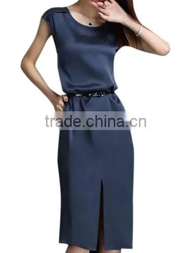 Women's Navy Short Sleeve Shift with Sash Neck Short Sleeve Slim Silk Midi Dress