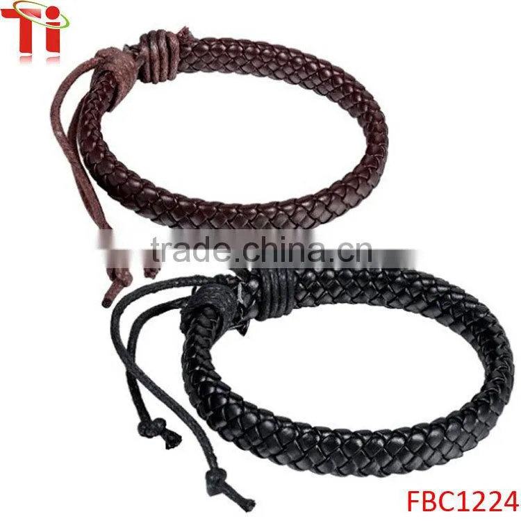 Simple Antique Handmade Genuine Leather Surfer Braided Bangle Bracelet Black
