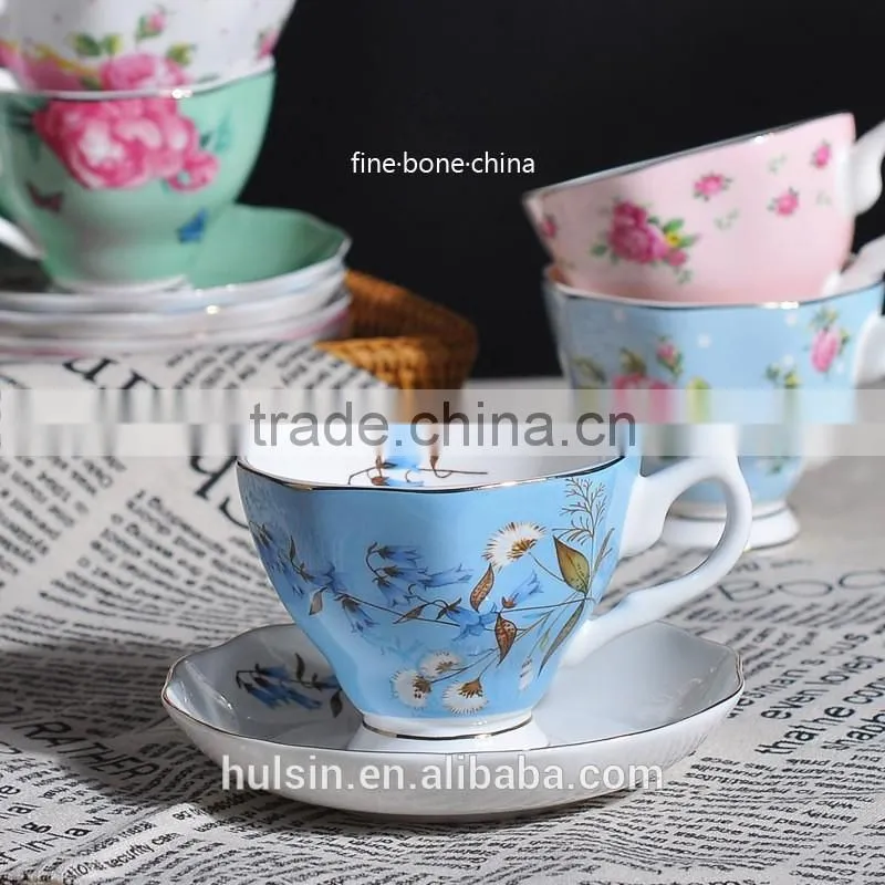 Elegant flora design bone china coffee cup with saucer