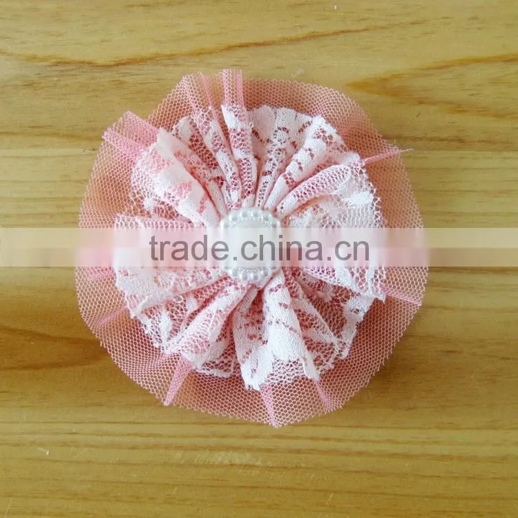 lace flower with pearl bead in center for kids hair accessories