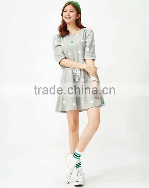 Female money shallow hemp grey knitted rabbit dot printing on the waist rope bat sleeve dress