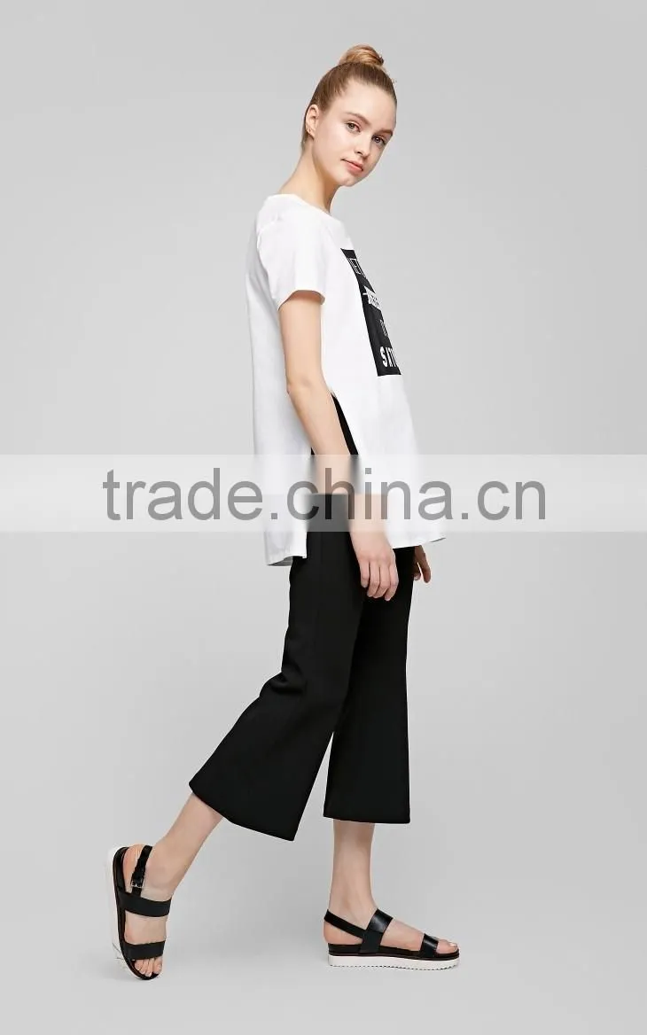 Women's English pattern high quality cotton long printing casual t shirt with high split sides