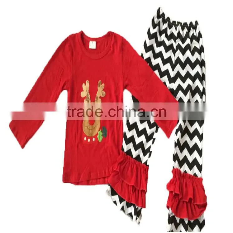 High Quality Toddler Boutique Deer Printed Outfits Kids Wear Clothing and Ruffle Pants Set Children Christmas Holiday Set