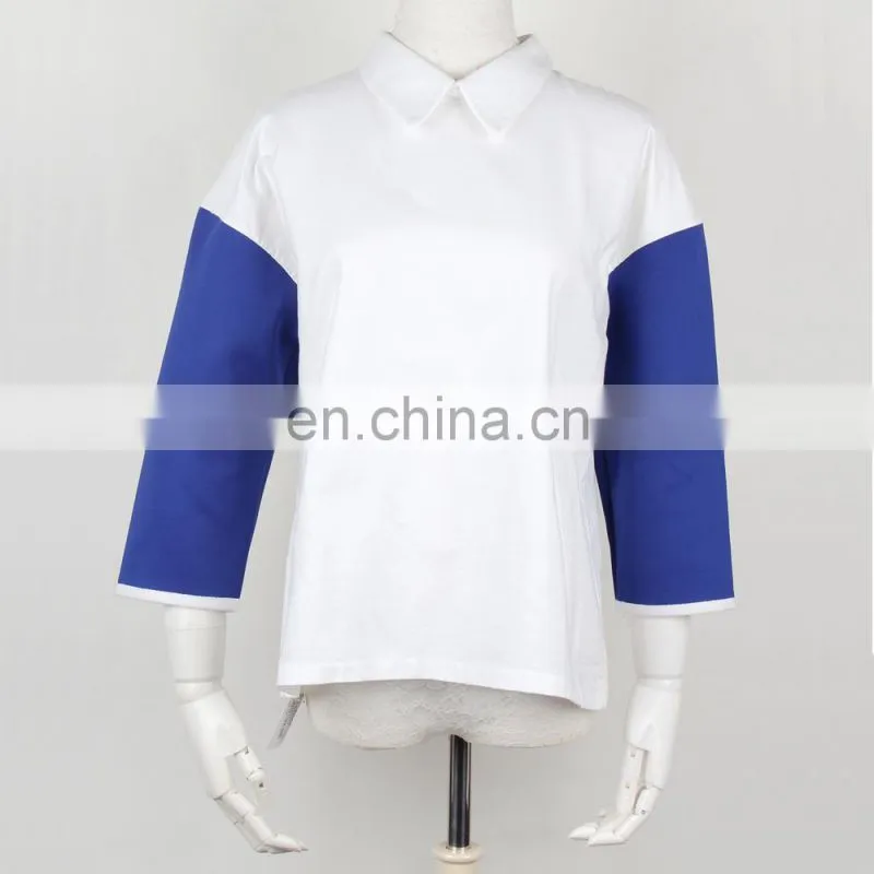 Down collar ocean blue and white half sleeve woman tshirt