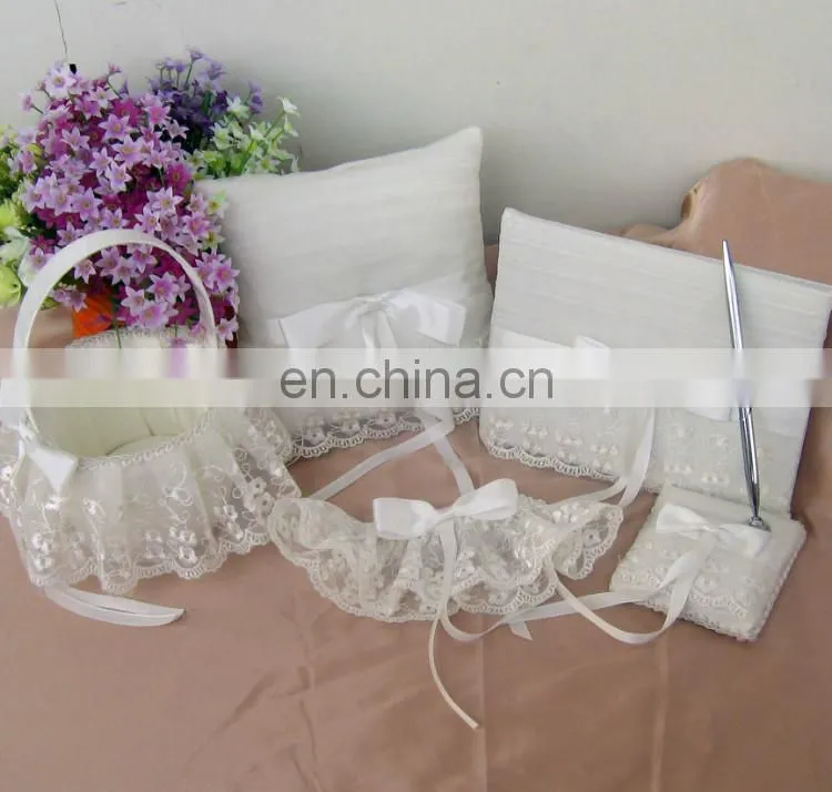 White Lace Decoration guest book /pen holder/ring pillow/flower basket set wedding favor