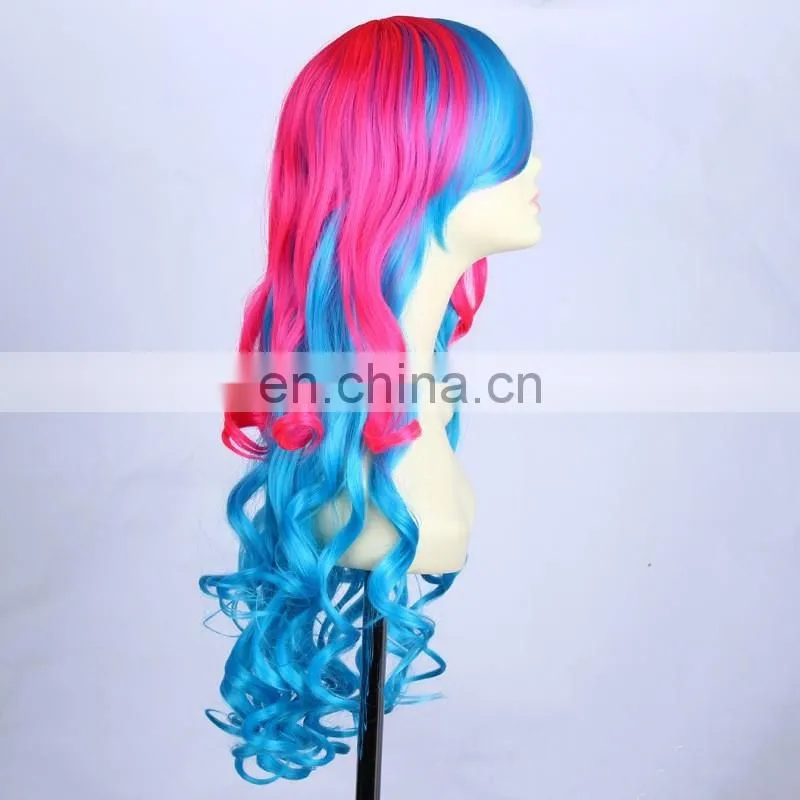 NEW Long Pink Blue Mix Cosplay Curly Wig for women