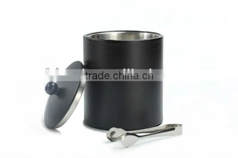 High Quality Stainless Steel And Leather Metal Ice Bucket With Tong&Lid KL-A224
