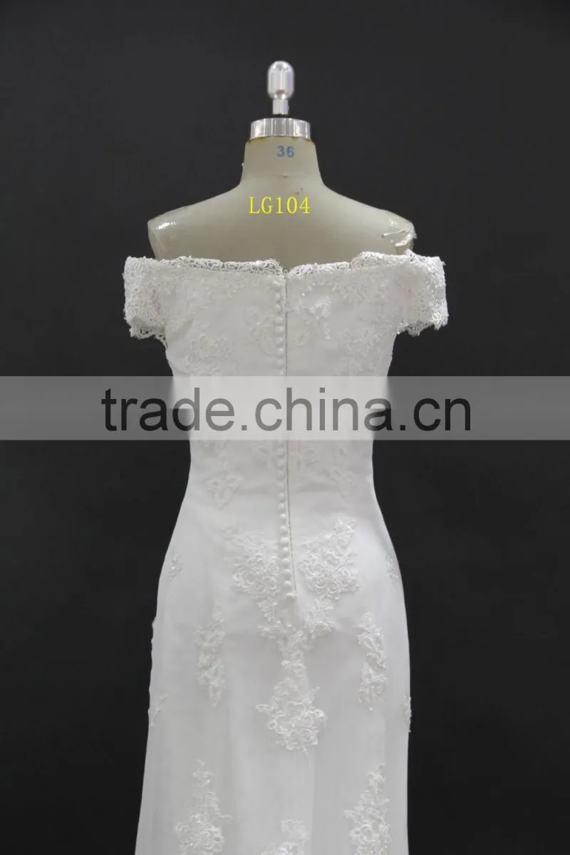 off-shoulder straight neckline horse tail at hem make ruffle effect sheath wedding dress