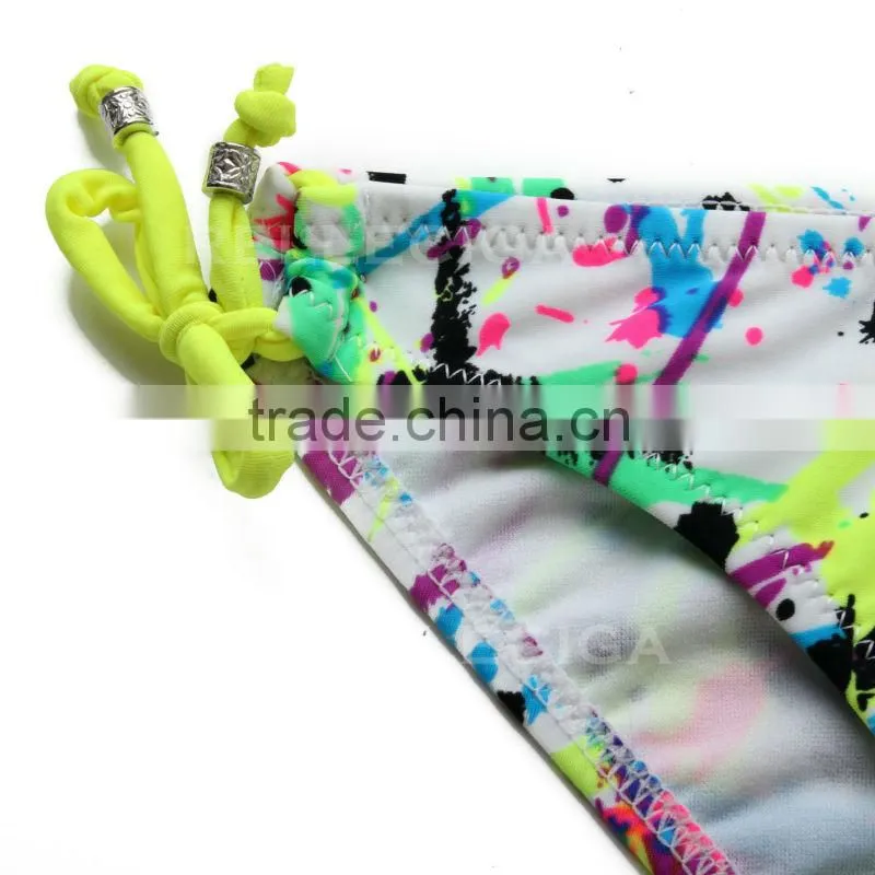 Wholesale Swimwear! Doodle Push-Up Bandeau Young Sexi Girl Bikini Swimwear Model with Neon Yellow Neck Ties by RELLECIGA