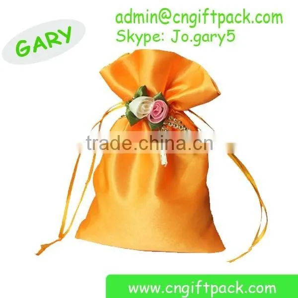Yellow Promotional Satin Gift Packaging Pouch Bag Embroidered Logo