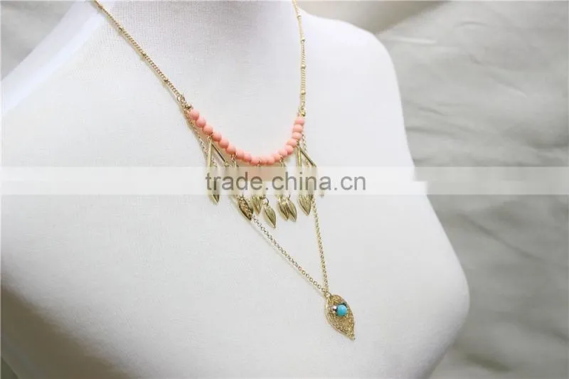 Gold Leaf w/ Pink Turquoise Pendant Necklace Goldtone Triple Necklace Satellite Chain Necklace 2016 Fashion Style Wholesale