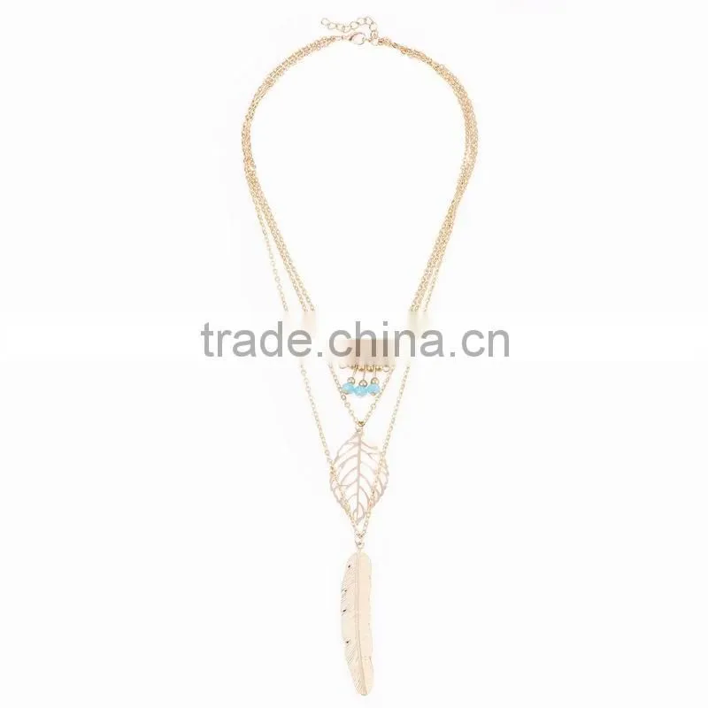 Latest Fancy Design Necklaces Jewelries Bohemia Style Three Tiny Turquoise Hollow Leaf Long Feather Multi Layer Necklaces