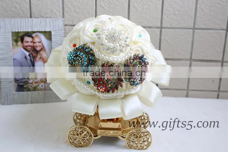 Handmade elegant satin roses bouquet for bride brooch jewelry bouquet
