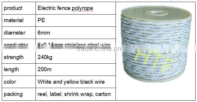 Conductive Electric fence poly rope with HDPE and stainless steel wire