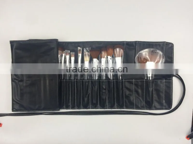 Cosmetic facial brown nylon hair matte black wooden handle in charming black PU bag makeup brush set 34 piece