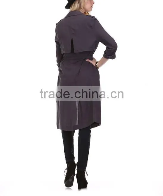 Fashion Modern Apparel Women Trendy Turkey 3/4 Sleeve Plain Spring Winter Coat Charcoal Sheer Trench Long Coat