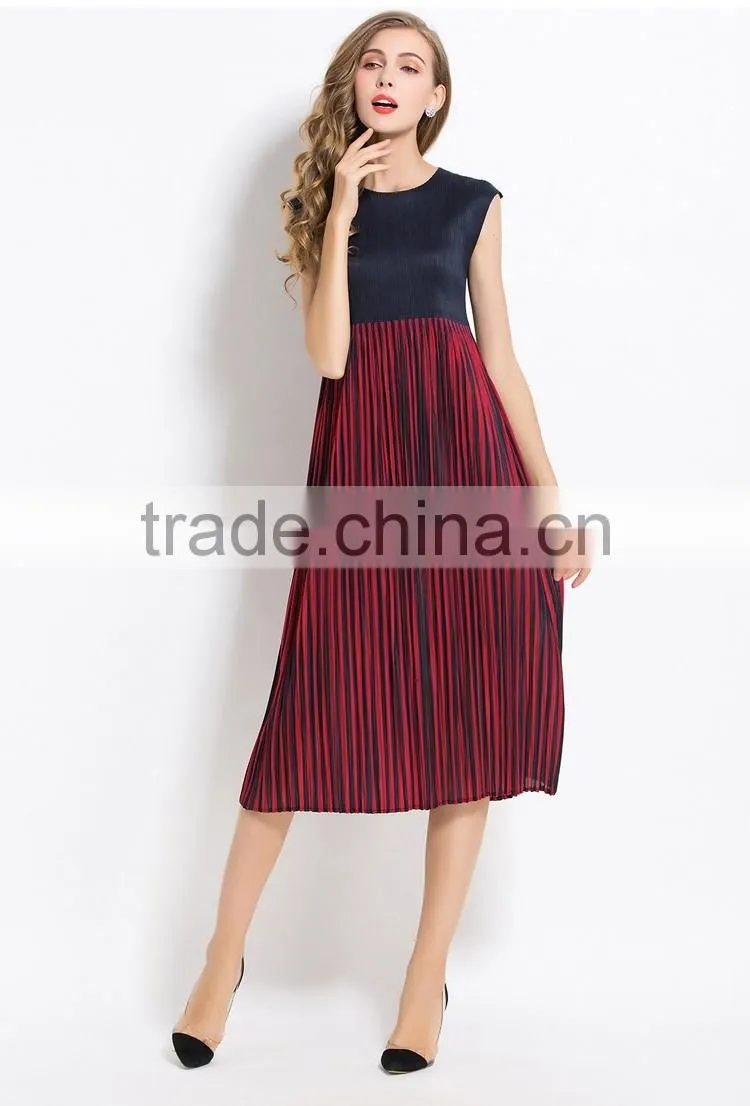 Summer colors splicing sleeveless wrinkled dress for women