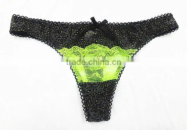Ladies sexy thong exotic underwear with fancy printed and light green lace