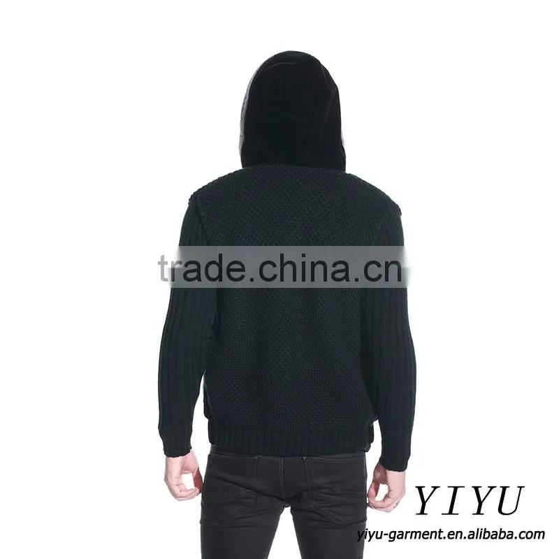 Men Patchwork leather Knitted jackets coat alpaca hooded sweater with zipper