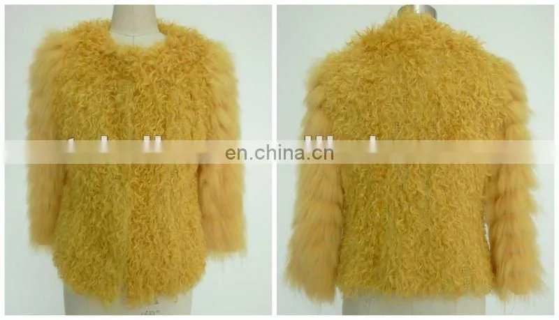 Ladies round neck seven sleeve yellow fur coat with invisible button