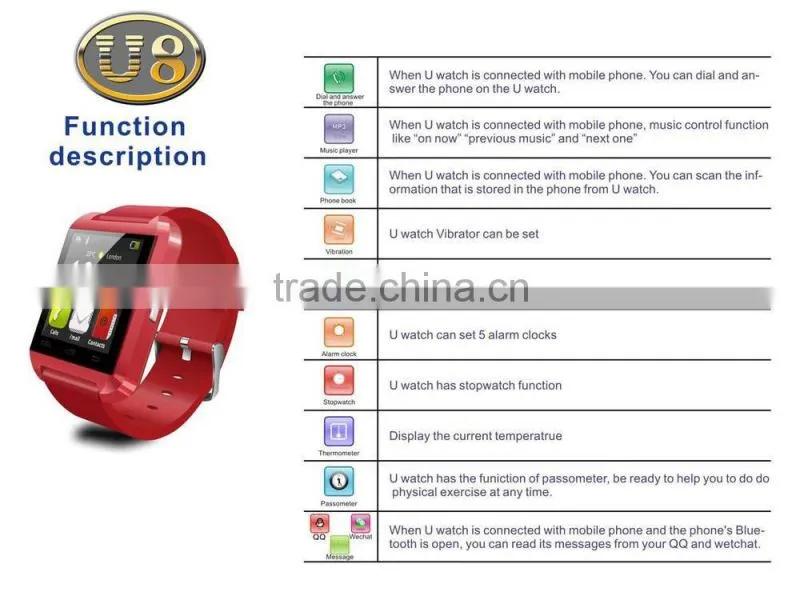 2015 U8 watch with function of passometer&bluetooth,Smart touch,the world on the wrist