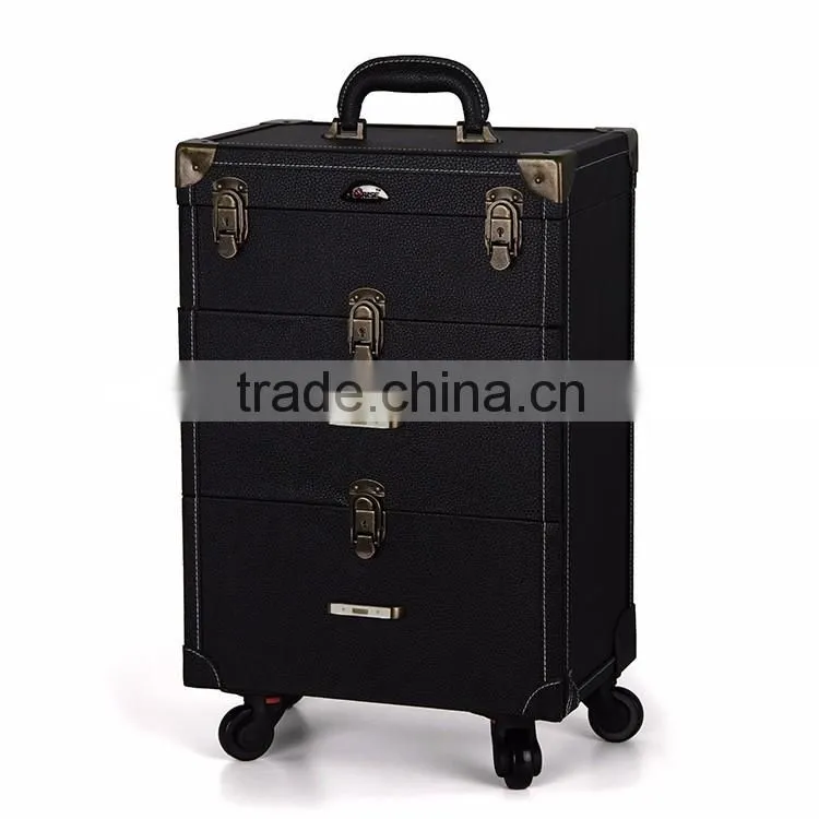 Professional Rolling Makeup Case 2 in1 Mutifunctional PVC Trolley Cosmetic Case With 360 Degree Wheel