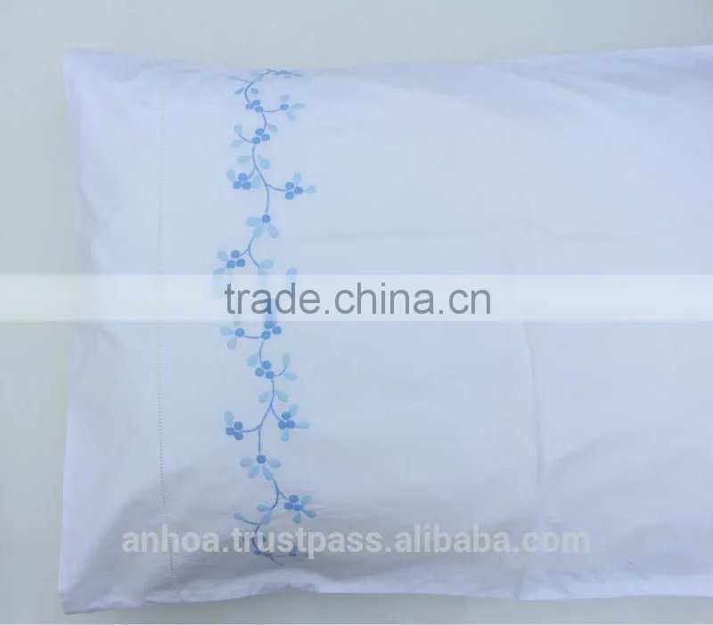 Blue flower embroidered pillow case ,white cotton pillow covers with hemstitch