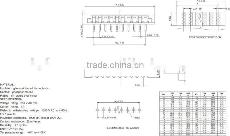 15 pin vertical FFC/FPC connector 2.54A-nPW