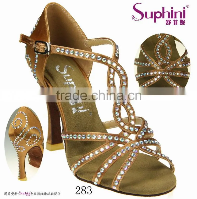 Suphini Hot Sale Latin Ballroom Dance Shoes with Crystal High Heel