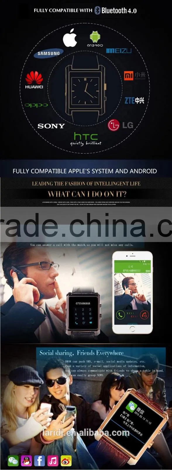 2015 New bluetooth 4.0 DM08 smart watch with heart rate monitor for many cellphone with android and ios