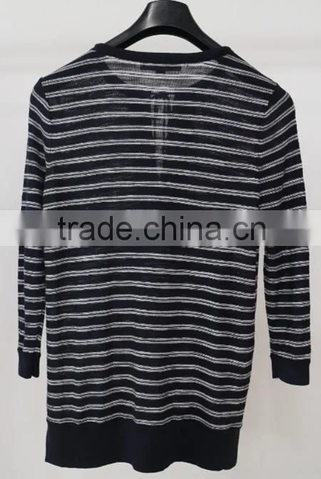 Women fashion long sleeve knit wear ful cotton black and white stripe pattern with neck string for autumn/pullover sweater