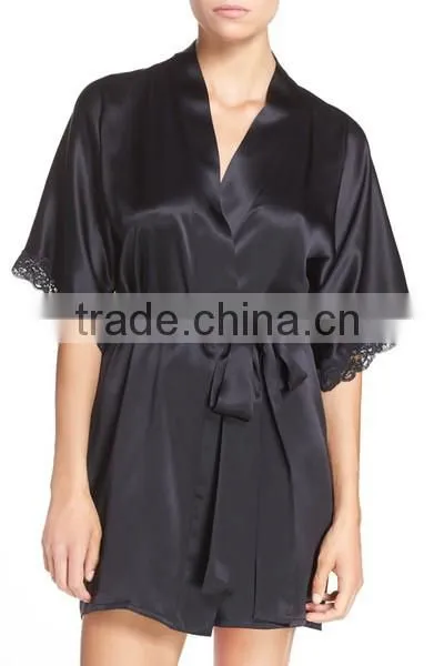 China Wholesalers Customized Personalized Plus Size Fashion Sexy Silk Solid Black Satin Robe