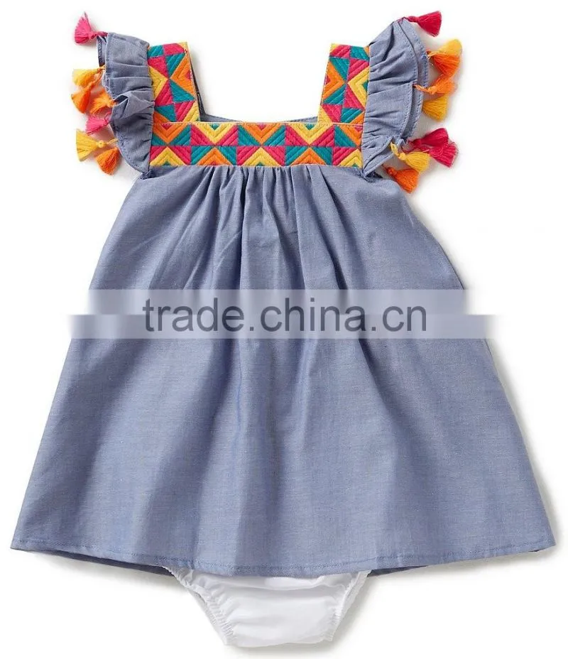 Wholesale boutique swing sleeve fancy tassels baby clothes cotton baby romper clothes set