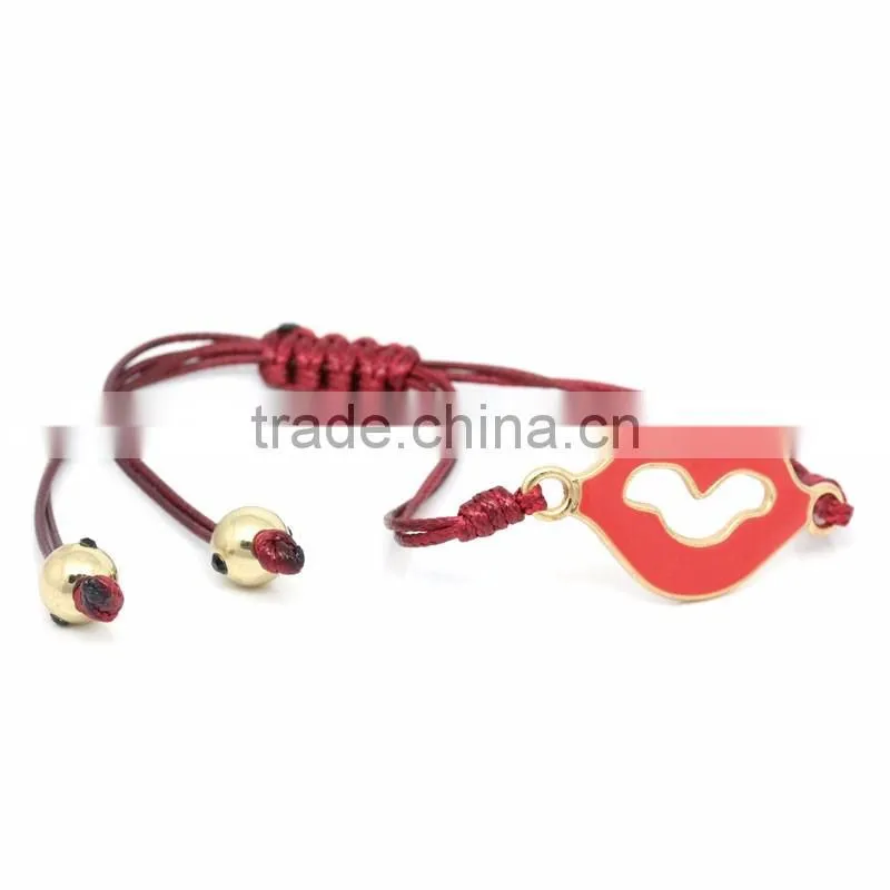 Lip Dark Red Enamel Red Gold Plated Beads Wax Rope Copper Braiding Adjustable Macrame Knots Bracelets