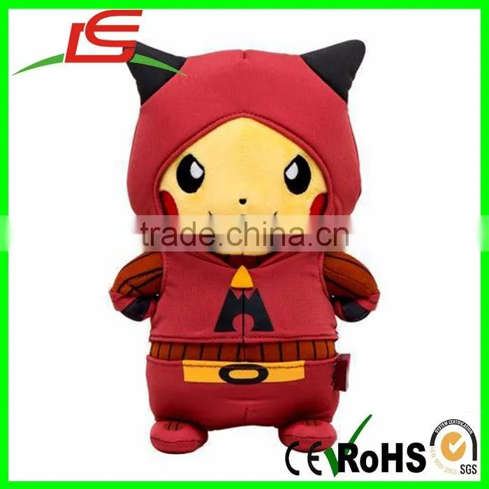 standing soft plush pikachu wearing rocket clothes