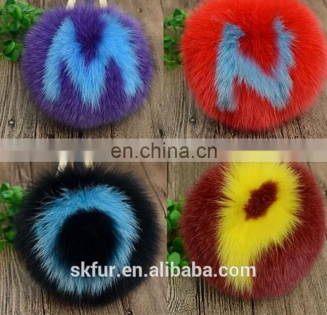 English letters design fox fur pom pom keychain